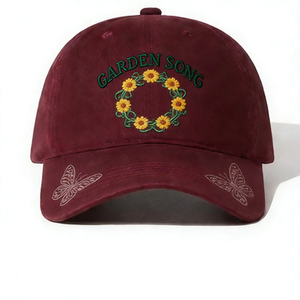 Gorra de Béisbol Estilo Gamuza Borgoña, Bordado 3D de Corona de <span class=keywords><strong>Girasoles</strong></span> y Mariposas, Sombrero Casual Inspirado en el Jardín para un Estilo Floral - Product Image 1