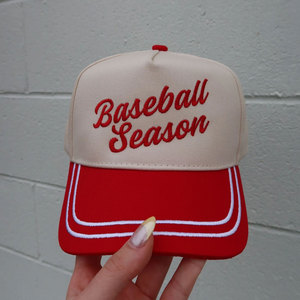 Topi Trucker Vintage Bordir Merah dengan Jahitan Baseball Mom, Topi Baseball Lima Panel Dua Warna untuk Hari Pertandingan - Product Image 6