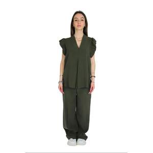 Chemise pour femme DKE8630, vert, manches à volants, col en V, vêtement décontracté - Product Image 4
