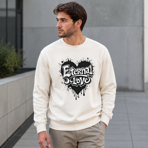 Men's Cream Crewneck Cotton Pullover <b>Soft</b> Knit Ribbed Cuff Heart Print <b>Hoodie</b> - Product Image 5