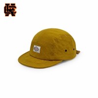 Casquette de camping personnalisée à 5 panneaux en nylon léger, jaune moutarde délavé, visière plate, patch diamant, streetwear décontracté unisexe pour l'extérieur