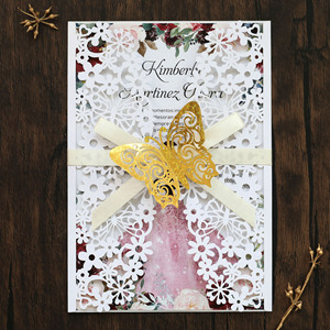 Invitación de compromiso estilo europeo, tarjeta de felicitación festiva, hermosa invitación de boda, mariposa 3D dorada calada. - Product Image 4