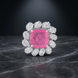Bague Statement en Or 10K 14K 18K et Argent 925 935 avec Saphir Rose Taille Coussin, Moissanite et Diamant en Halo Poire – Joaillerie Fine - Product Image 1