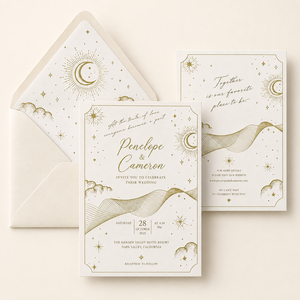 Suite di Inviti Nuziali Personalizzati con Foglia d'Oro Celestiale, Luna e Stelle, Carta Pregiata Testurizzata, Busta Abbinata Goffrata - Product Image 4
