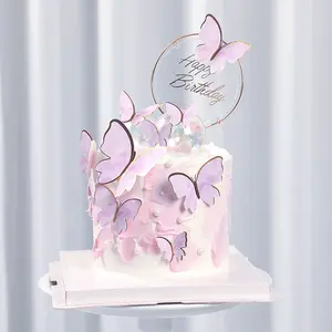 粉色紫色蝴蝶蛋糕礼帽，生日派对婚礼装饰用品