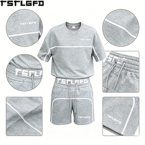 Conjunto de dos piezas de streetwear con cintura doble personalizada, pantalón corto y top de tejido grueso gris jaspeado con logo en capas, venta al por mayor - Product Image 6