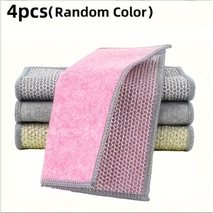 ผ้าเช็ดจานไมโครไฟเบอร์ 4 ชิ้น ผ้าทำความสะอาดแบบสองด้าน ลวดเงิน ซักได้ ไม่ทำให้เกิดรอยขีดข่วน ผ้าเช็ดทำความสะอาดในครัว - Product Image 1