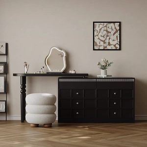 Toeletta in Stile Americano con Cassettiera Angolare Estensibile, Mobile Nero in Legno per Trucco - Product Image 1