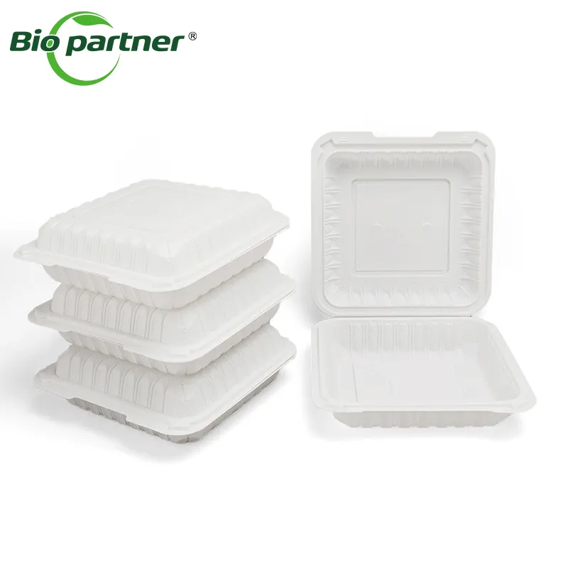 8x8 "3-Ngăn khoáng phụ nhựa đưa ra thực phẩm mfpp bản lề container nhà hàng để đi cung cấp carryout