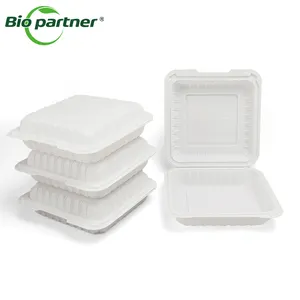 8x8 "3 compartimentos relleno mineral plástico para llevar comida MFPP contenedor con bisagras restaurante para llevar suministros para llevar