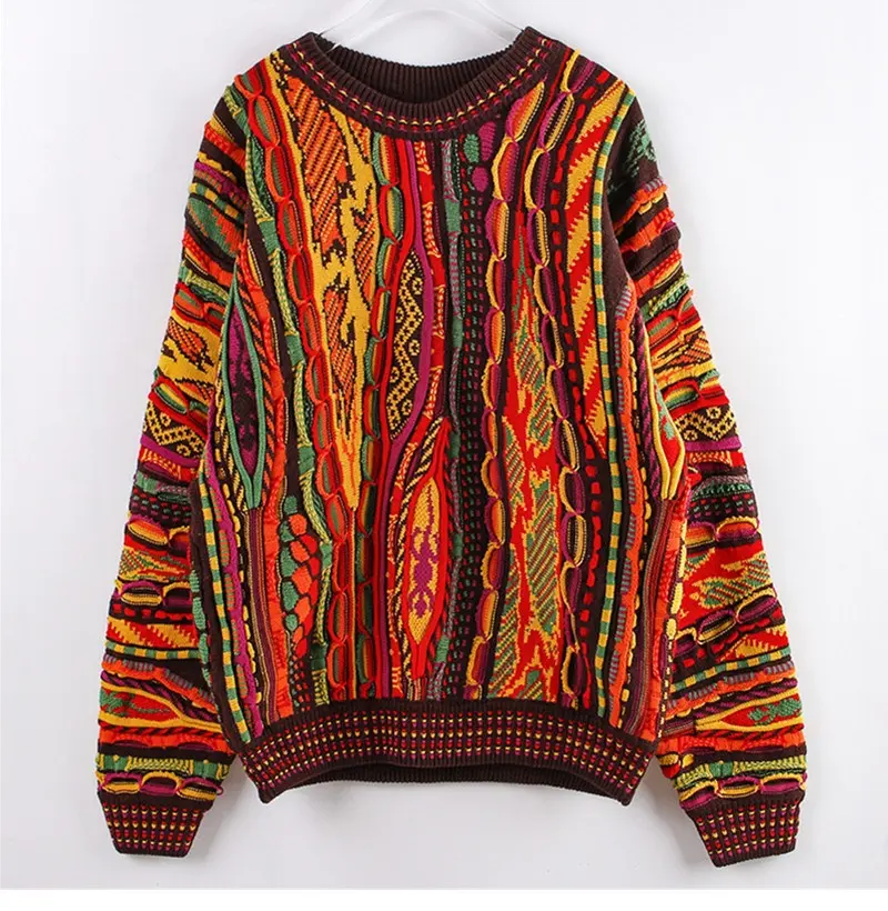 Suéter colorido feminino de malha, pulôver de malha vintage colorido