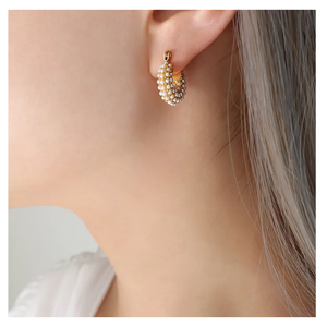 Pendientes colgantes de aro de perla de oro de 18 quilates de acero inoxidable sin deslustre de alta calidad, accesorio de fiesta de moda para mujer - Product Image 2