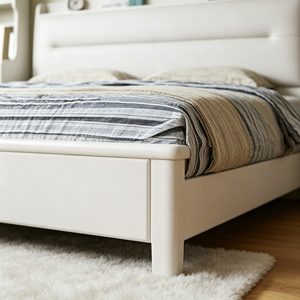 Minimalist White Upholstered <b>Queen</b> <b>Bed</b> <b>Frame</b> with Faux Leather and Storage Drawers - Product Image 3
