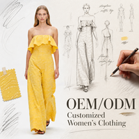 Combinaison une pièce pour femme, style Bohème Chic, en lin et coton, jaune, avec détails œillets, haut bustier sans bretelles, volants, broderie, coupe jambe large, idéale pour l'été et les vacances, personnalisable