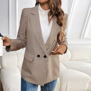 Novo <span class=keywords><strong>Blazer</strong></span> Feminino Estilo Retrô Xadrez com Botão Único para o Dia a Dia - Product Image 3