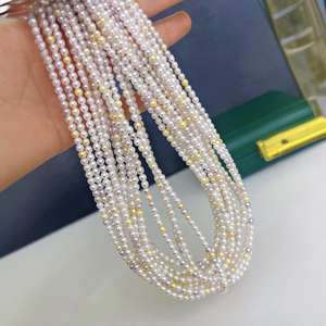 Versatile 4-5mm Natural Freshwater Pearl <b>Necklace</b> <b>Candy</b>-Colored with Gold Dots Perfect Circle Almost Flawless Match - Product Image 2