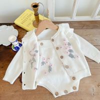 Romper Rajut Bayi Perempuan Musim Semi dan Gugur, Setelan Baju Bayi Lucu Bermotif Bunga, Pakaian Bayi Katun