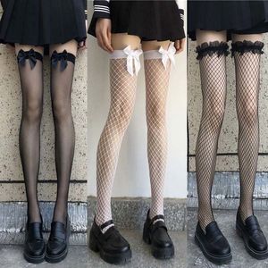 Women's Thigh High Fishnet Stockings White Lace Trim Lolita Style Summer JK Socks Transparent Cotton Material - Product Image 1