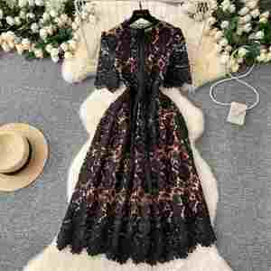 Vestido Midi de Primavera Vintage con Encaje y Tejido Sólido, Corte A, para Mujer, Casual, Ecológico, Transpirable, Lavable, Antiarrugas, Estilo Imperio - Product Image 3