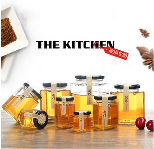 Frascos de Vidro Hexagonais Personalizados para Mel com Tampa de Metal para Armazenamento de Alimentos na Cozinha - Product Image 1