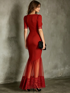 Robe longue sirène en dentelle rouge pour femmes, col en v, moulante, pour soirée, formelle - Product Image 2