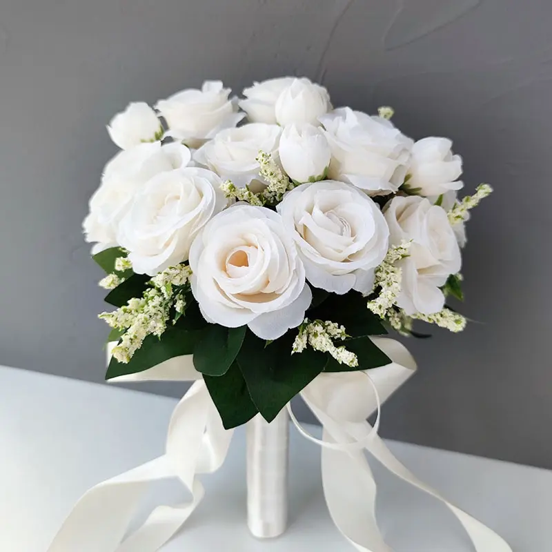 ช่อดอกไม้เจ้าสาว,ช่อดอกไม้งานแต่งทำจากผ้าไหมสีขาวสำหรับเจ้าสาวและดอกกุหลาบ Boutonniere