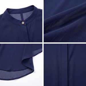 Women's Navy Blue Chiffon Blouse With Mandarin Collar Kimono Sleeve Loose Fit Sheer <b>Layer</b> Minimalist Style Spring Summer <b>Top</b> - Product Image 6