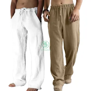Celana olahraga pria, celana kasual ukuran besar pinggang elastis tali Linen bernapas katun Linen