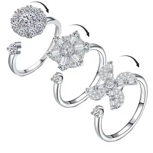SC Tiktok Spinner CZ Diamond Fidget Ring Jewelry Personalized Adjustable Rotatable Snow Pinwheel Anti Anxiety Ring for Women