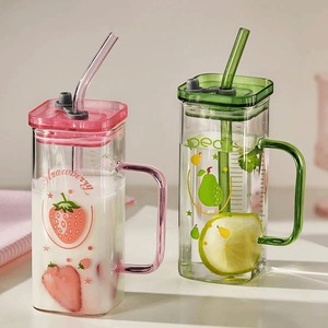 Gobelet carré en <span class=keywords><strong>verre</strong></span> transparent fait main avec couvercle en PP et paille, style coréen, polyvalent pour la maison - Product Image 6