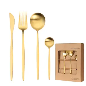 Cubiertos dorados de acero inoxidable 304 de alta calidad, juego de cubiertos con cuchillo y cuchara, color dorado mate