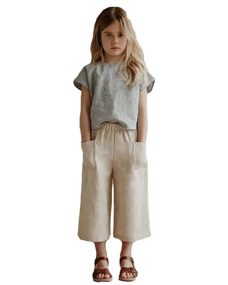 Tùy Chỉnh Phong Cách Giản Dị Cô Gái Linen Lỏng Trang Phục Culotte Túi Capris Áo Sơ Mi Trẻ Em Đặt