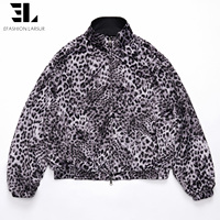 Blouson Bomber en Denim Sergé de Coton Réversible LARSUR, Effet Usé, Motif Léopard des Neiges, Coupe Courte, Style Aviateur, en Satin pour Homme