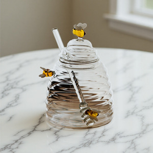 Custom Glass <b>Bee</b>-Shaped Honey Jar High-Borosilicate Transparent Honey Bottle Stirring Rod Storage Jar Jam Jar Lid Organizer - Product Image 1