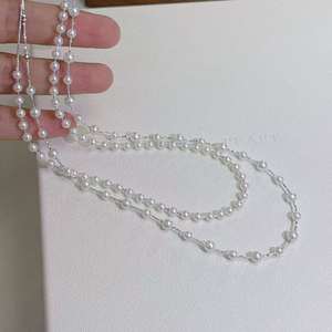 Collar de Perlas de Doble Capa de Plata S925, Perlas de Agua Dulce Aurora Casi Redondas de 3-5 mm, Collar de Cadena de Tamaños Graduados - Product Image 2