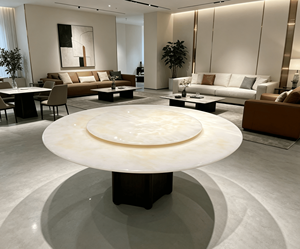 Mesa de Comedor Redonda de Piedra Natural Ónix Blanco con Base Giratoria Lazy Susan, Muebles de Comedor de Lujo para Casa o Villa, Muebles para el Hogar de 8 Plazas - Product Image 4
