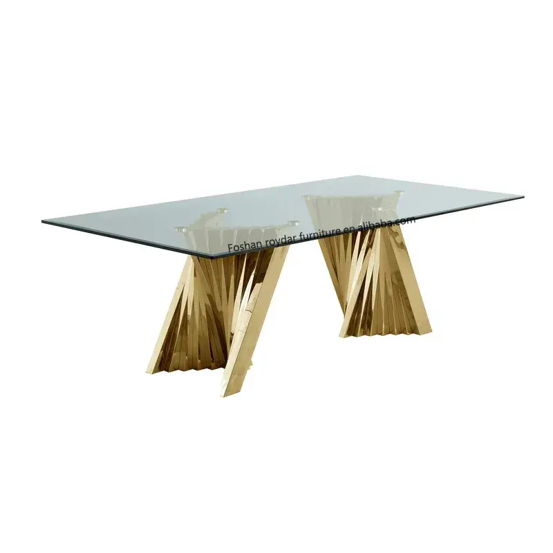 Thiết kế hiện đại vuông bàn ăn đặt thép không gỉ Kính bàn ăn hình chữ nhật bàn ăn