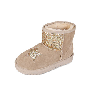 Wholesale Children's Winter Snow <strong>Boots</strong> Beige Cow Suede Comfortable <strong>Sparkly</strong> Glitter Faux Fur Lined Non Slip Warm Ankle <strong>Boots</strong> - Product Image 1