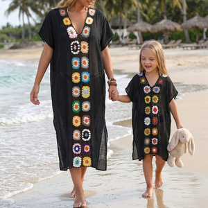Factory Wholesale Mother <strong>Daughter</strong> Matching Beach Dress Set Hand Crochet Flower Patchwork Kids Girls Summer Cover up - Product Image 1
