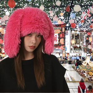 หมวกบีนนี่สำหรับฤดูหนาว Y2K น่ารักตลกหูกระต่ายเลวอบอุ่นขนปุยขนปุยสีลูกกวาดตัวอักษรธุรกิจชายหาดใช้งานได้ - Product Image 2