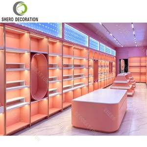 Pink Cosmetic Display Island with <b>LED</b> <b>Light</b> <b>Strip</b> Beauty Shop Shelf Wall Display Unit Boutique Store Fitting with Mirror - Product Image 1