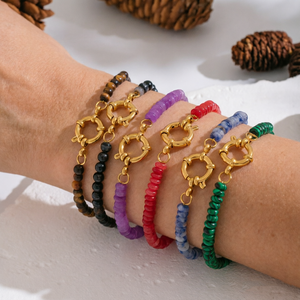 Bracelet en acier inoxydable avec perles multicolores en pierres précieuses naturelles, fermoir à ressort plaqué or 18 carats, empilable, cadeau pour femme - Product Image 1