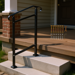 Barandilla de hierro forjado ajustable para exteriores, para 1-2 escalones, negra, transicional, para escaleras de hormigón o madera en el porche delantero. - Product Image 2