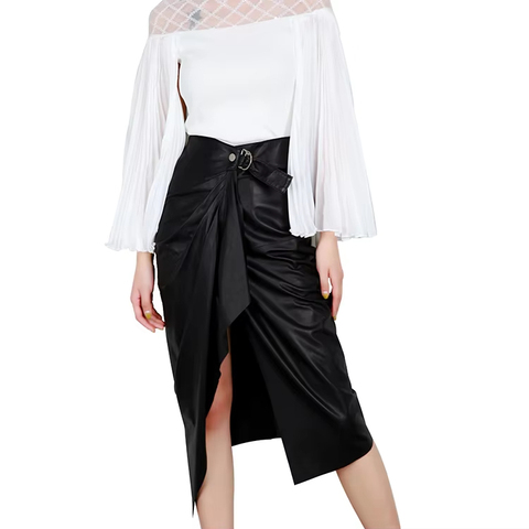 2307 High Quality New Style Genuine Leather Sheepskin Front Slit Pleated Wrap Length Skirt