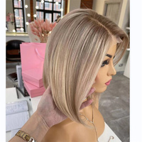 Peluca de Cabello Humano con Encaje Completo 13x4, 12 Pulgadas, Lisa, Color Rubio Ceniza Ombre, Estilo Bob, 150% de Densidad, Sin Pegamento