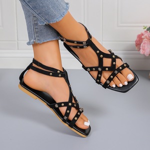 Sandalias Gladiador Retro con Remaches para Mujer, Punta Cuadrada Abierta, Correa al Tobillo, Planas, para Verano, Uso Diario, Playa - Product Image 4