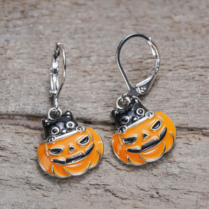 Orecchini pendenti a forma di gatto e zucca di Halloween per donna, gioielli alla moda in stile fatato - Product Image 3