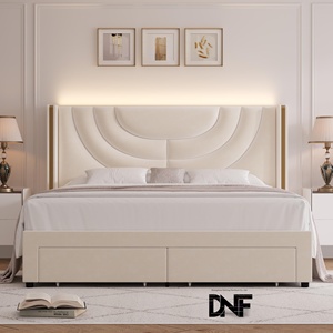 Cadre <span class=keywords><strong>de</strong></span> lit moderne entièrement rembourré avec LED réglable, 2 tiroirs <span class=keywords><strong>de</strong></span> rangement, lit plateforme en velours, tête <span class=keywords><strong>de</strong></span> lit à dossier haut, lattes métalliques, support non inclus - Product Image 1