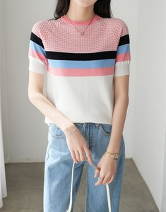 <span class=keywords><strong>Pull</strong></span> en maille de soie glacée à contraste de couleur, nouveau pour l'été, <span class=keywords><strong>pull</strong></span> pour femme, coupe ajustée, couleur contrastée, t-shirt à manches courtes - Product Image 6
