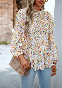 Loveda Offre Spéciale décontracté imprimé hauts col montant chemise à ourlet floral femmes élégantes en mousseline de soie <span class=keywords><strong>Blouses</strong></span> pour l'été - Product Image 2